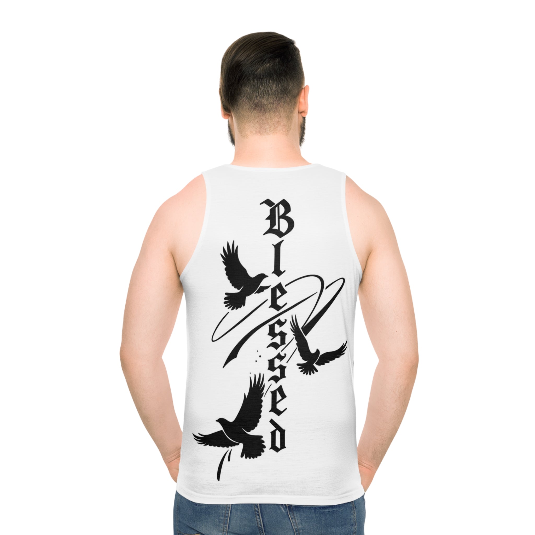 Blessed Cross Tank Top — Gothic 'Saint' Chest Logo with Dove Back Graphic