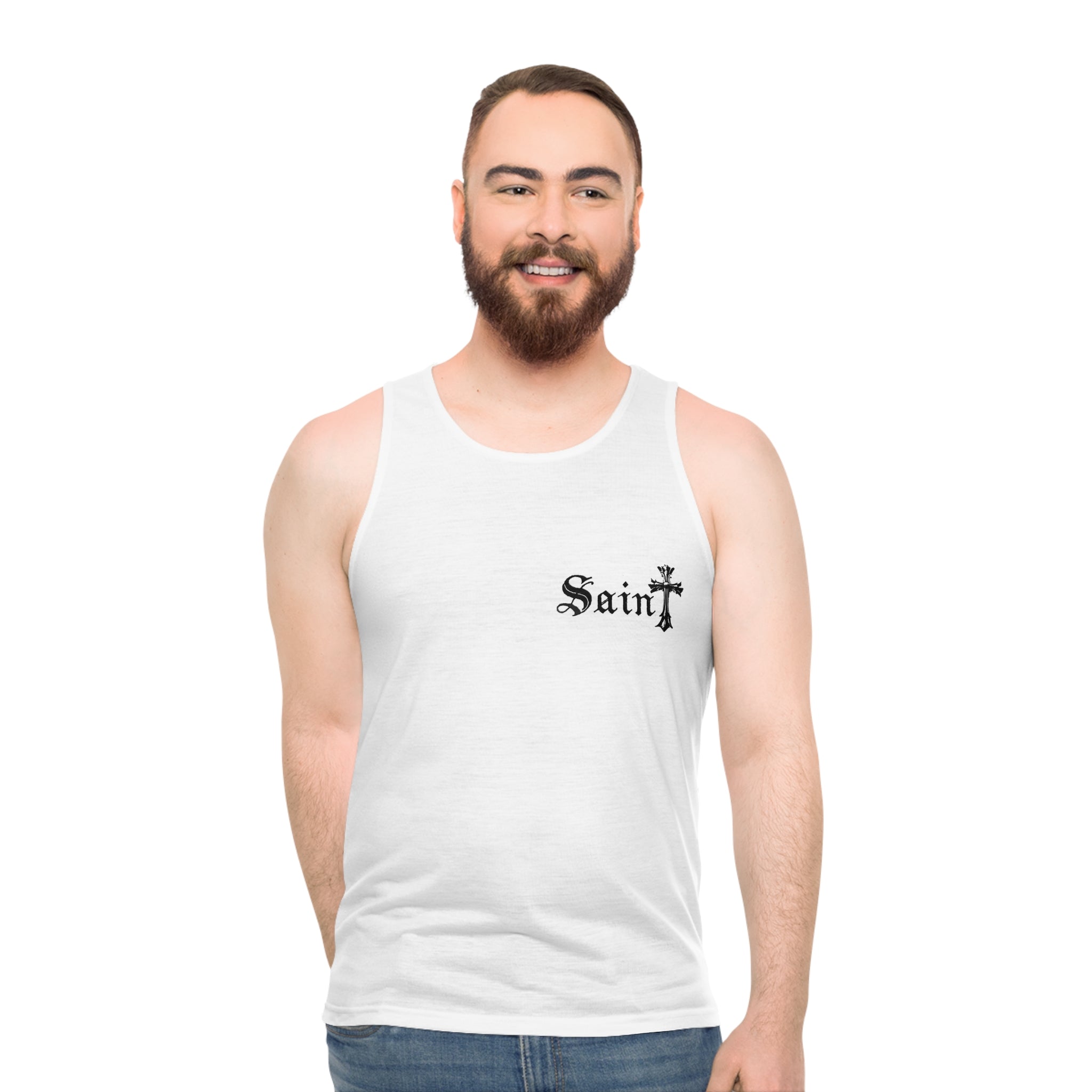 Blessed Cross Tank Top — Gothic 'Saint' Chest Logo with Dove Back Graphic