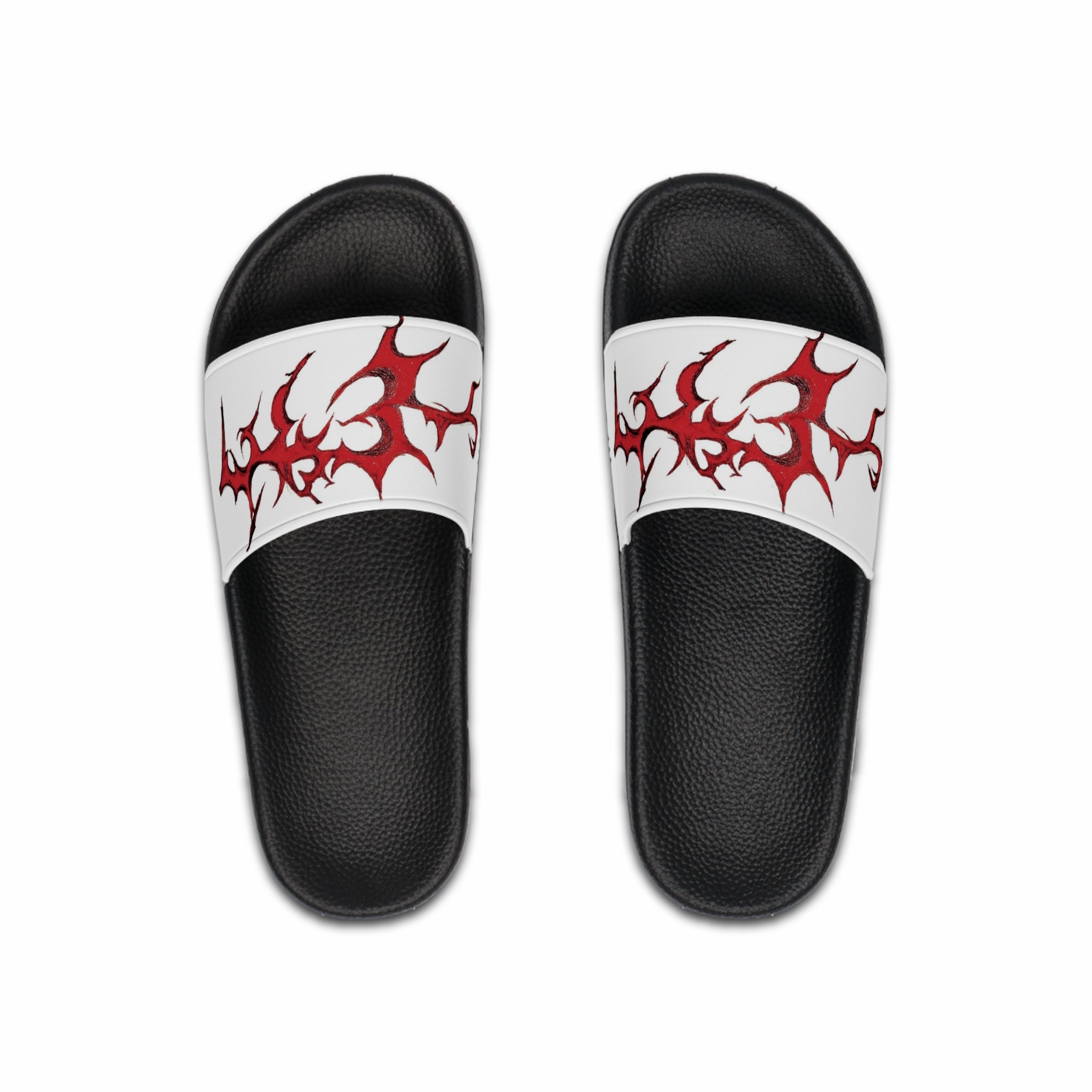 Red Tribal Flame Slide Sandals — Men's Graphic Pool Slides
