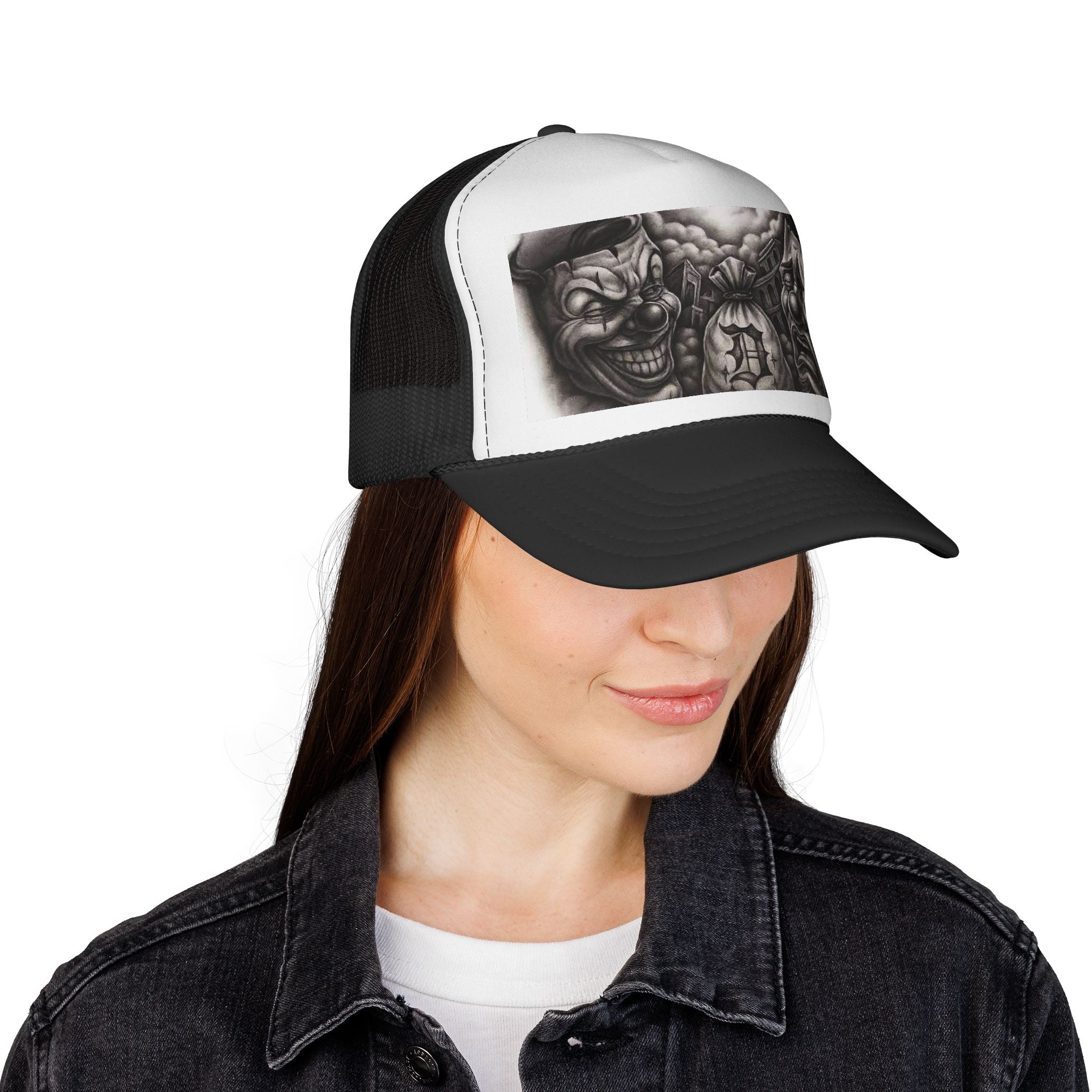 Edgy Clown Trucker Cap — Gothic Tattoo-Style Horror Design