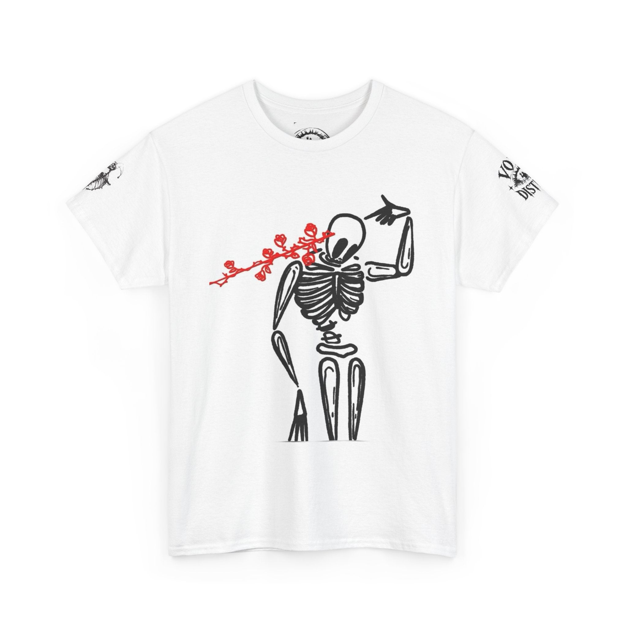 Skeleton Rose T‑Shirt — Minimal Gothic Skeleton Tee with Red Floral Accent