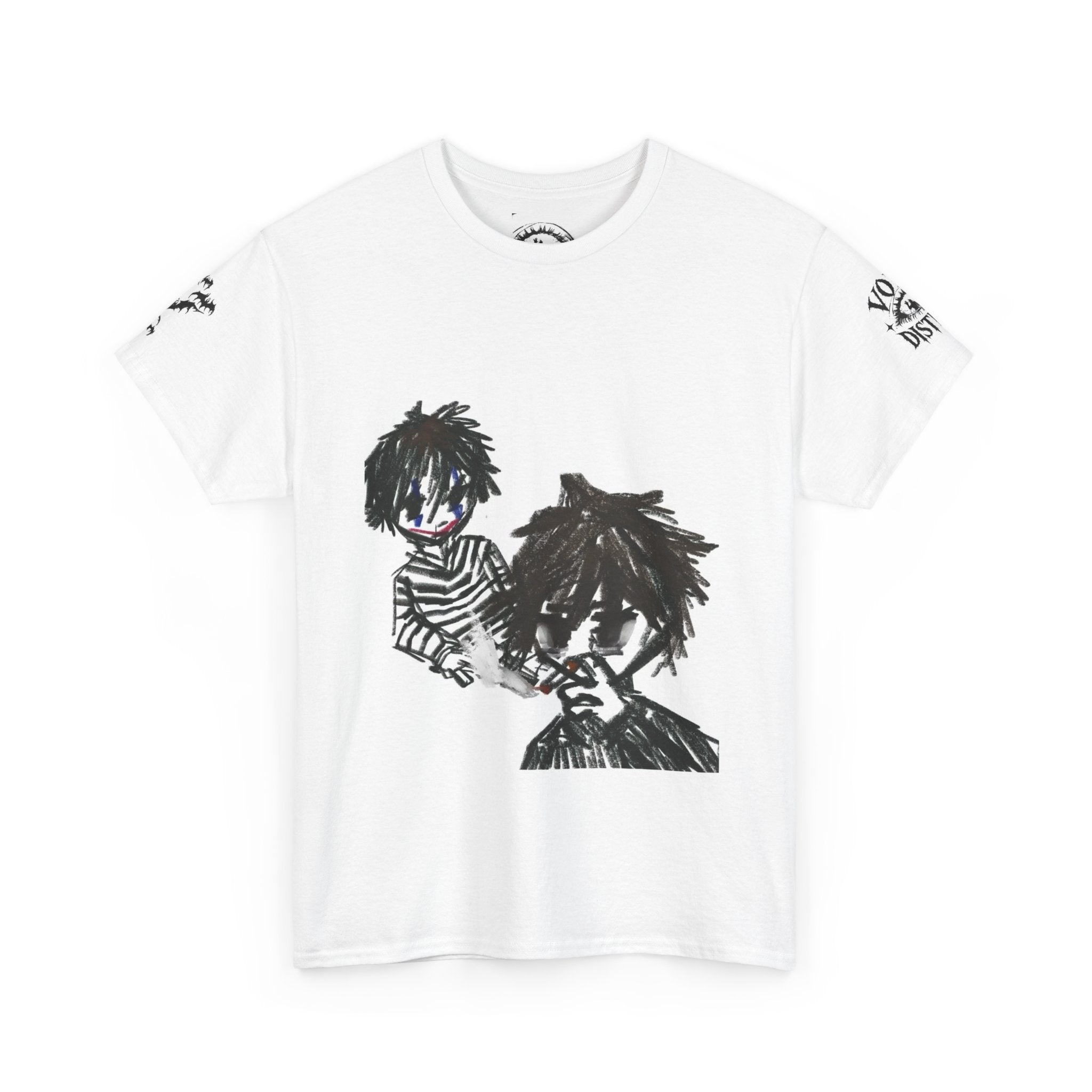Graphic Tee — Gothic Punk Doodle Faces & Emblem Print