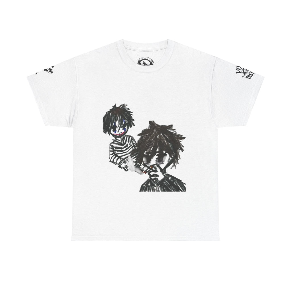 Graphic Tee — Gothic Punk Doodle Faces & Emblem Print