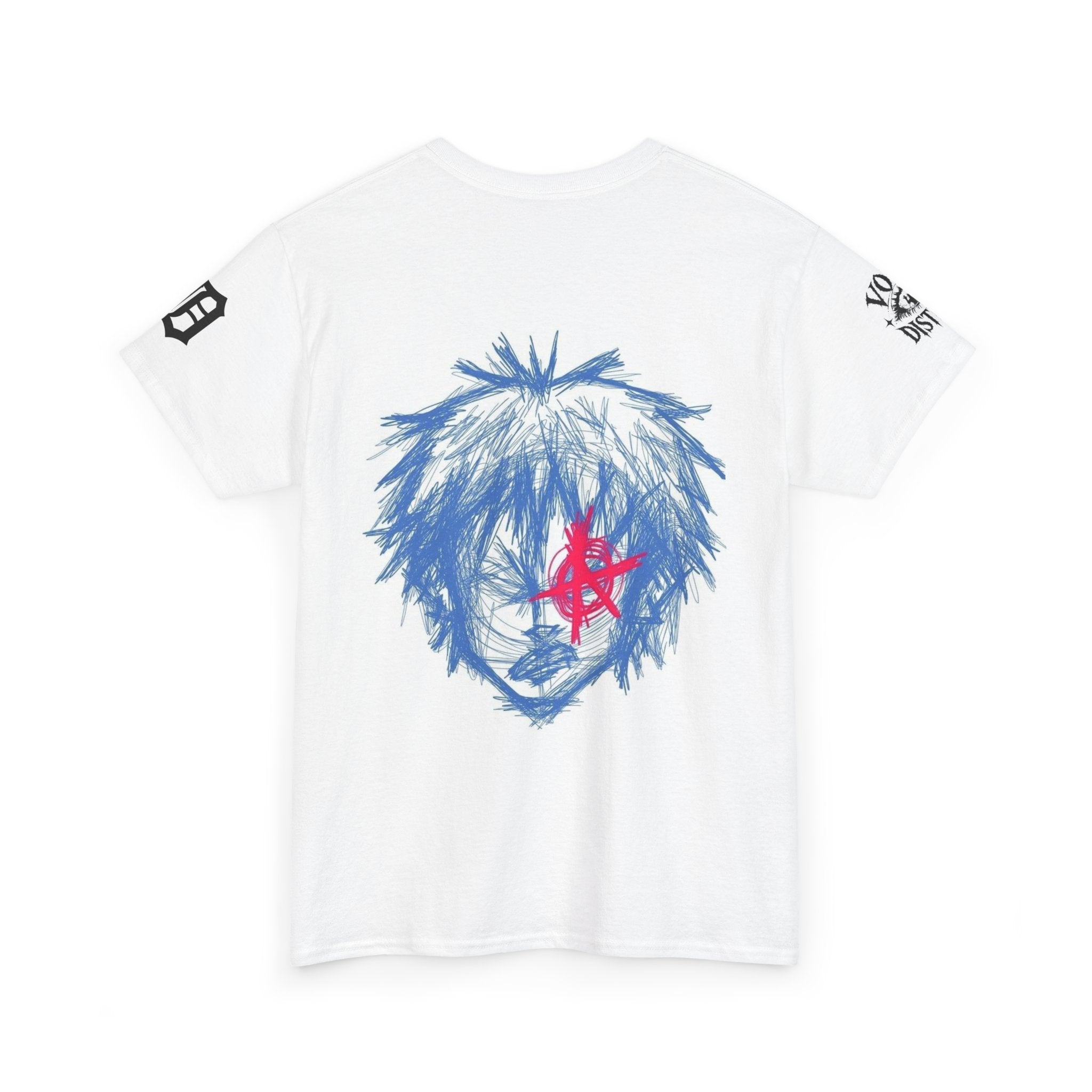 Anime Sketch Graphic Tee — Red Star Face Illustration