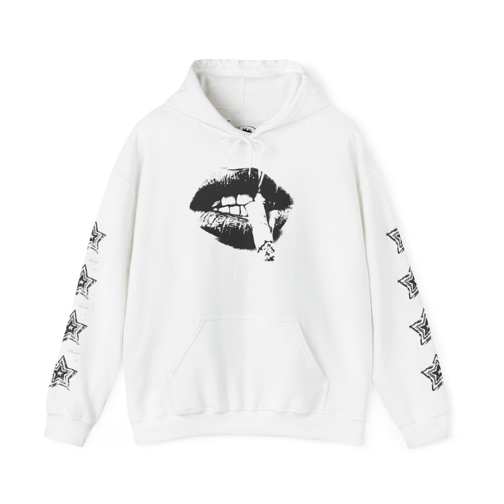 Lip Print Hoodie — Monochrome Biting Lips Graphic Hooded Sweatshirt