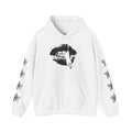Lip Print Hoodie — Monochrome Biting Lips Graphic Hooded Sweatshirt