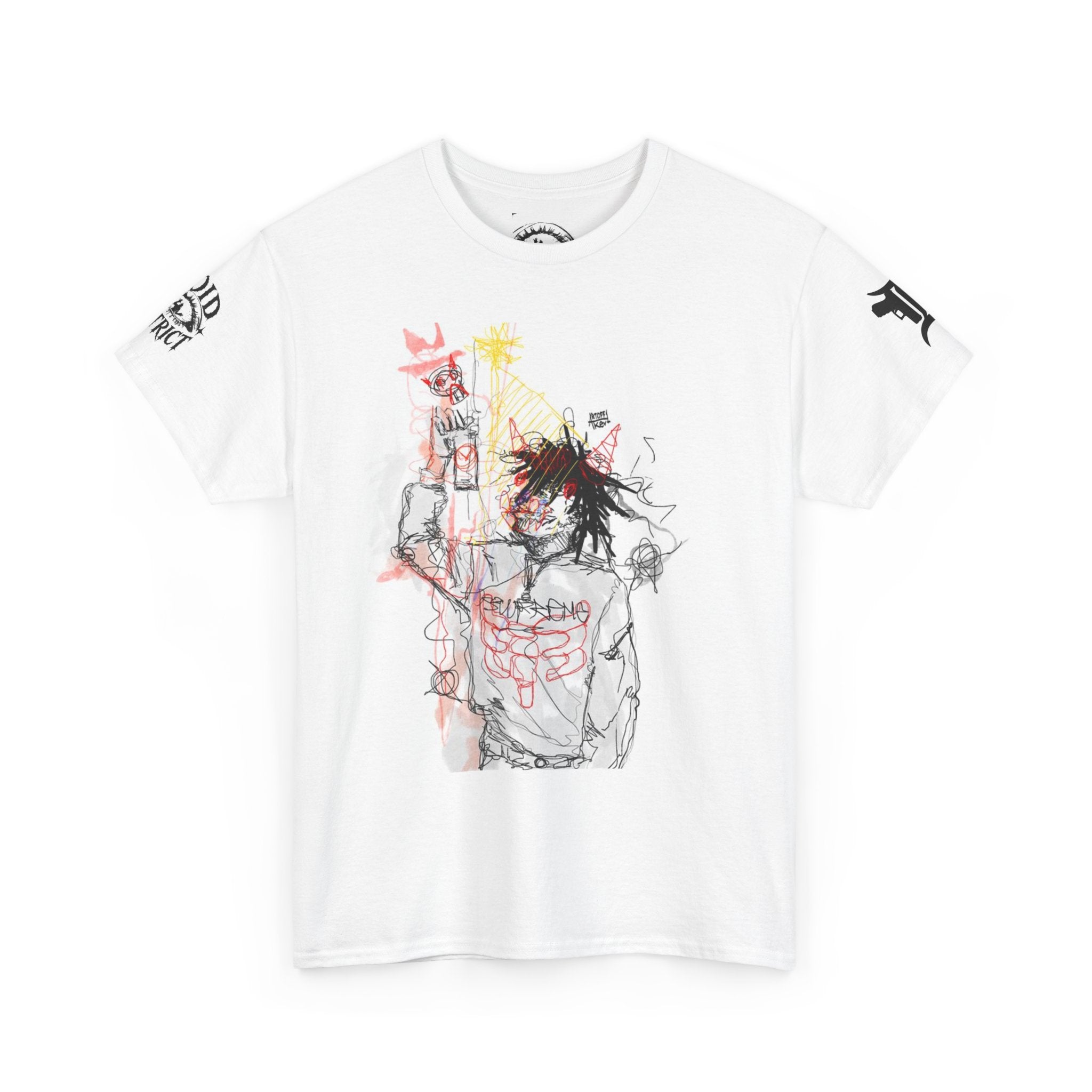 Anime Sketch Graphic Tee — Red Star Face Illustration