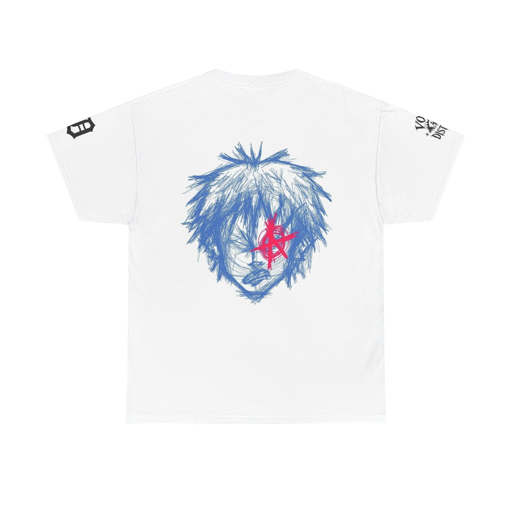 Anime Sketch Graphic Tee — Red Star Face Illustration