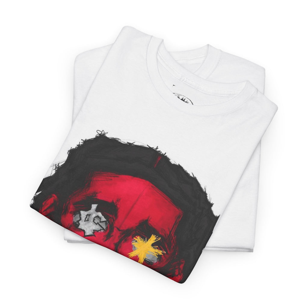 Red Face Graphic Tee — Horror Mask Face Design with Star Eye