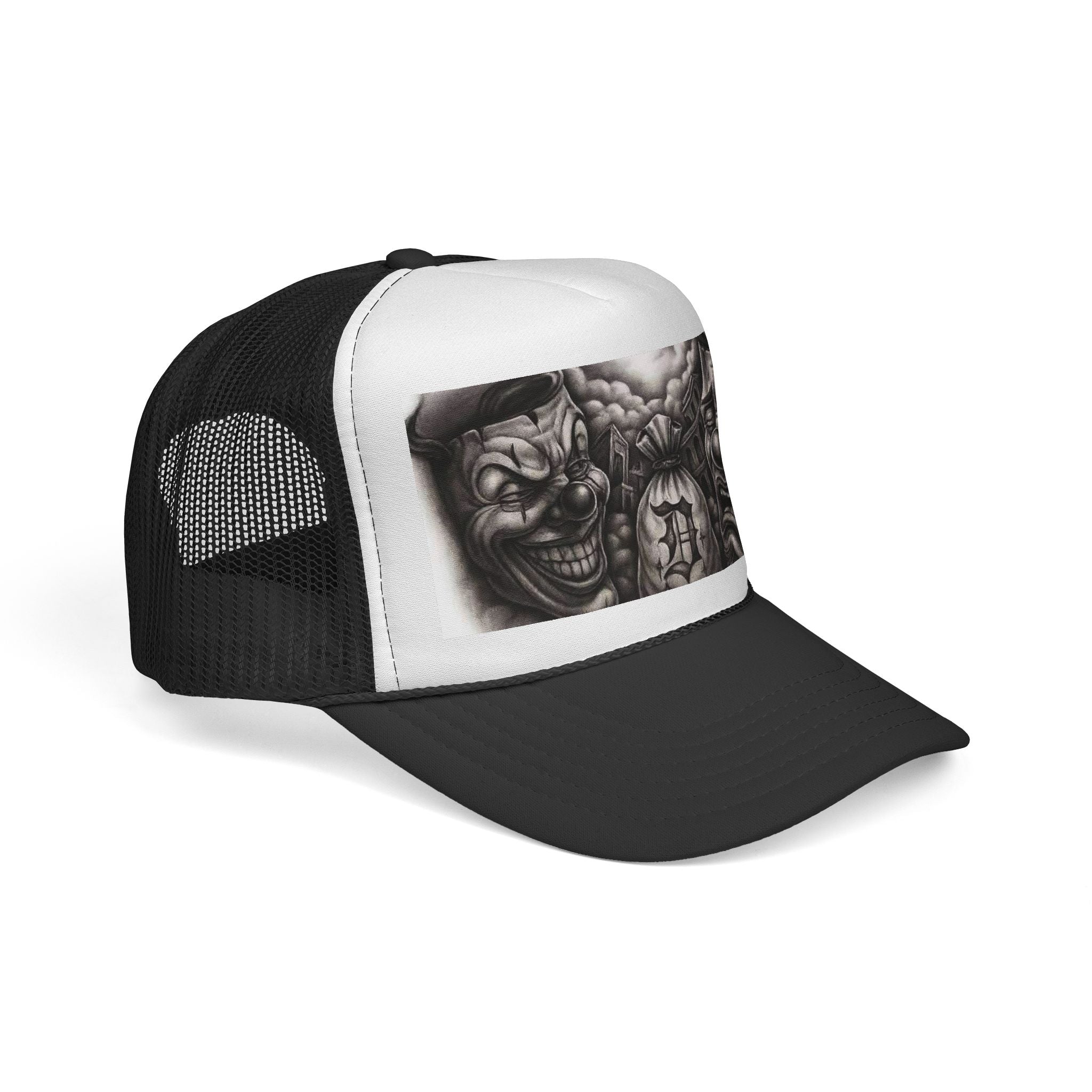 Edgy Clown Trucker Cap — Gothic Tattoo-Style Horror Design