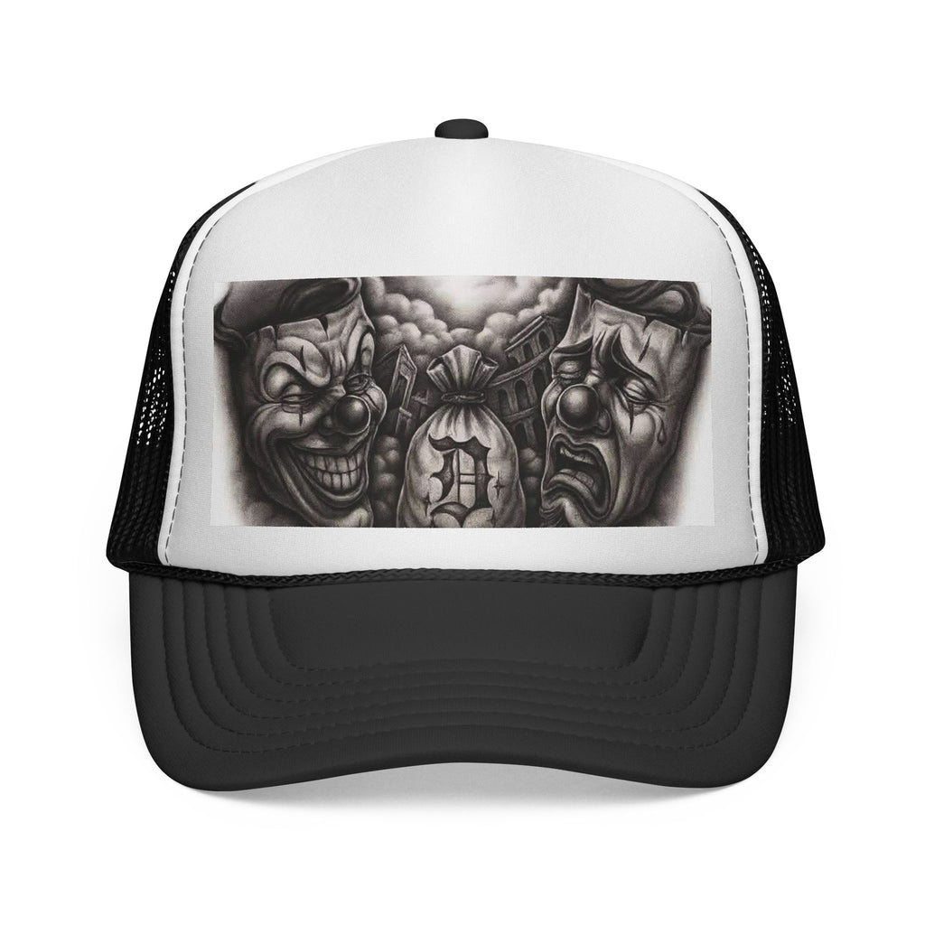 Edgy Clown Trucker Cap — Gothic Tattoo-Style Horror Design