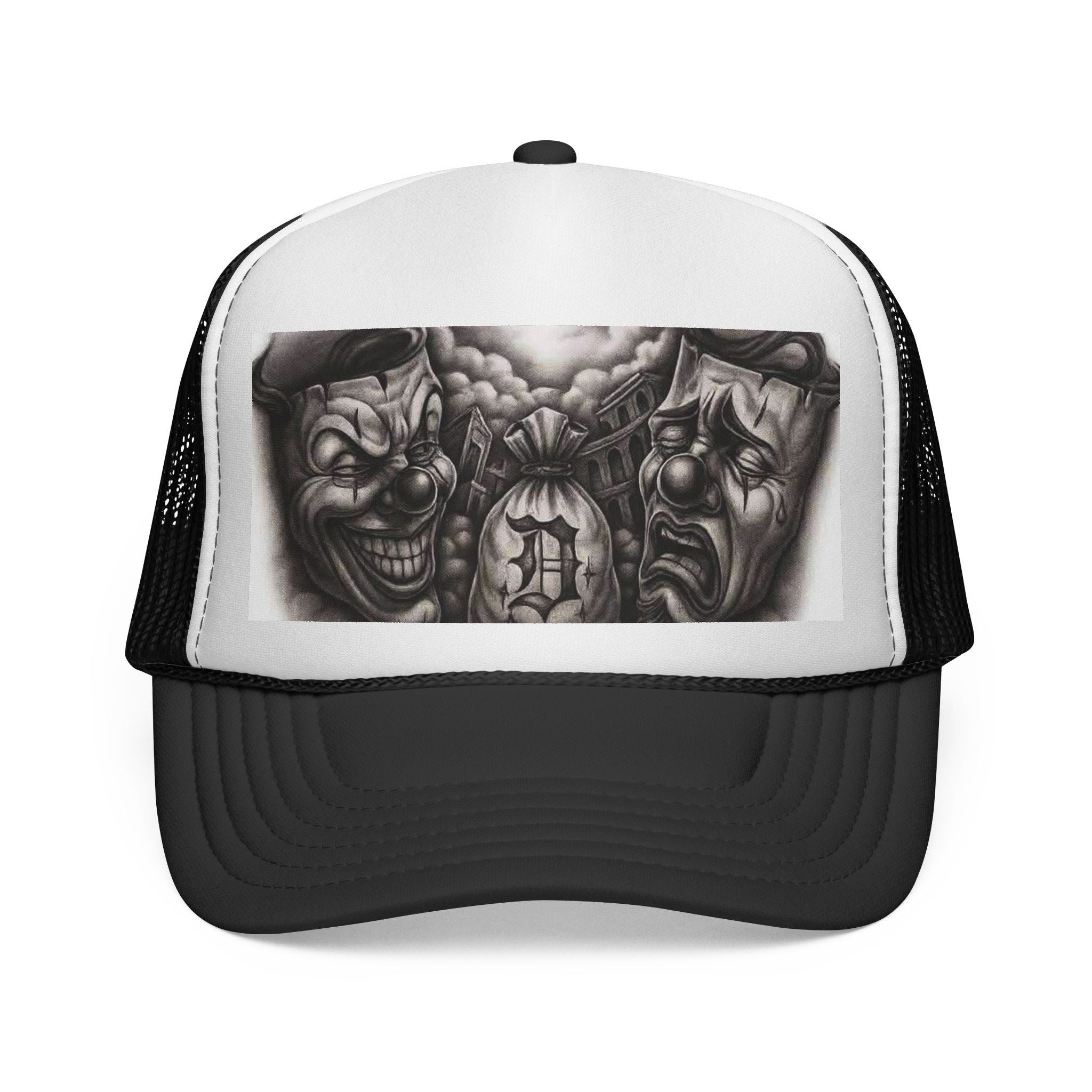 Edgy Clown Trucker Cap — Gothic Tattoo-Style Horror Design