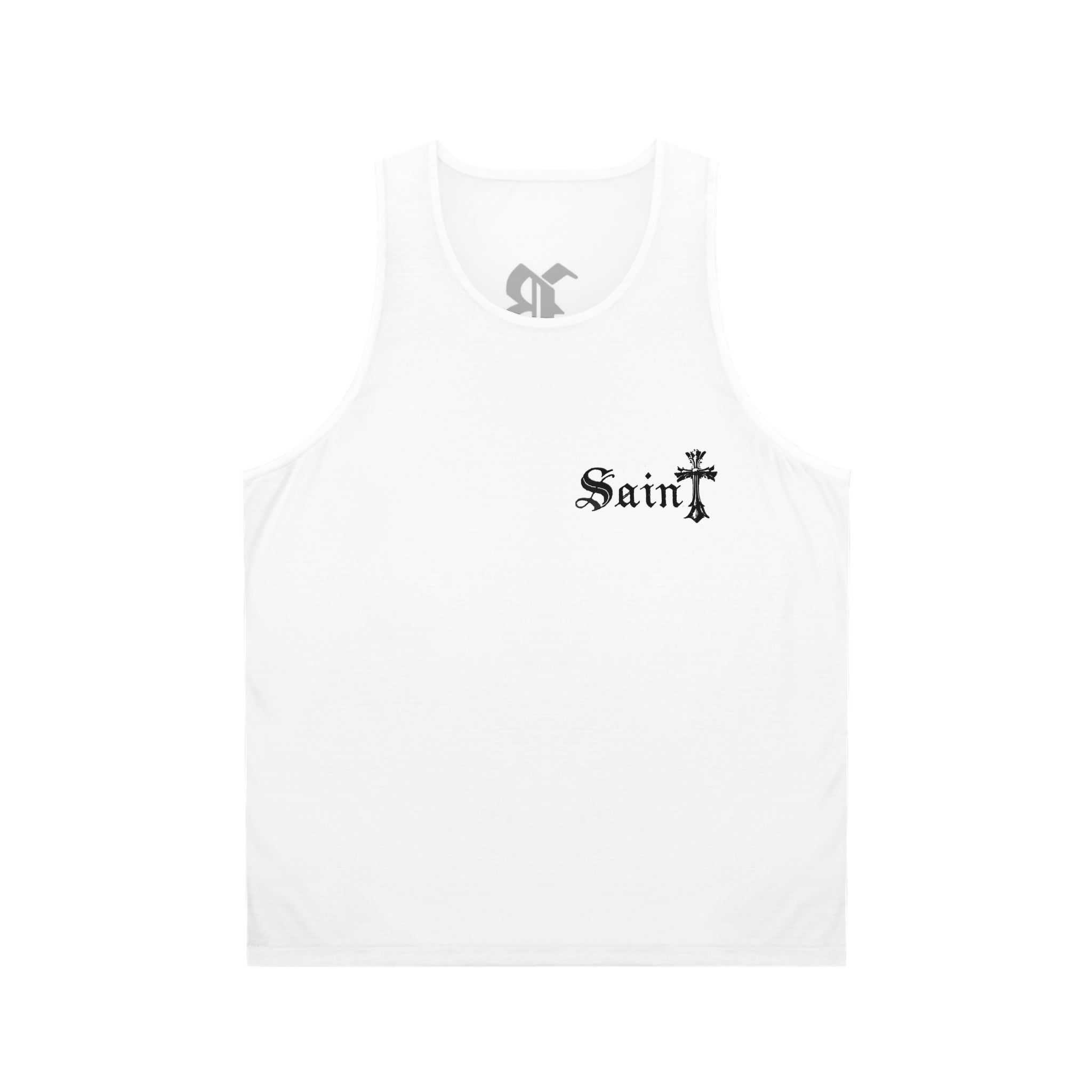 Blessed Cross Tank Top — Gothic 'Saint' Chest Logo with Dove Back Graphic