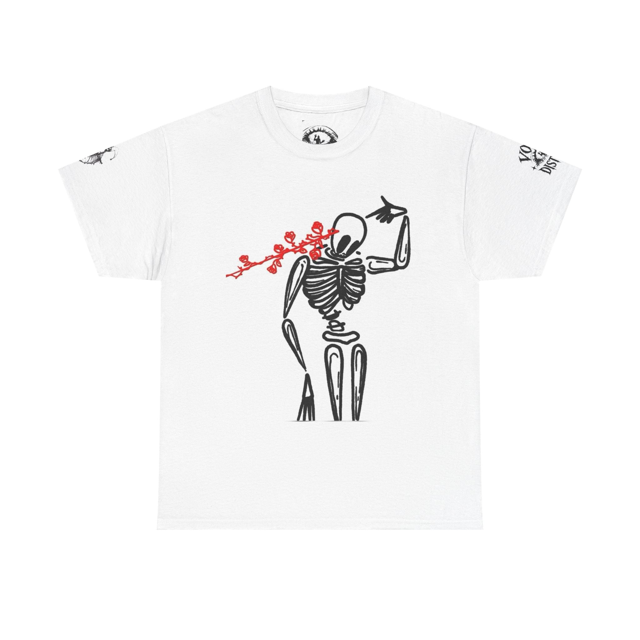 Skeleton Rose T‑Shirt — Minimal Gothic Skeleton Tee with Red Floral Accent