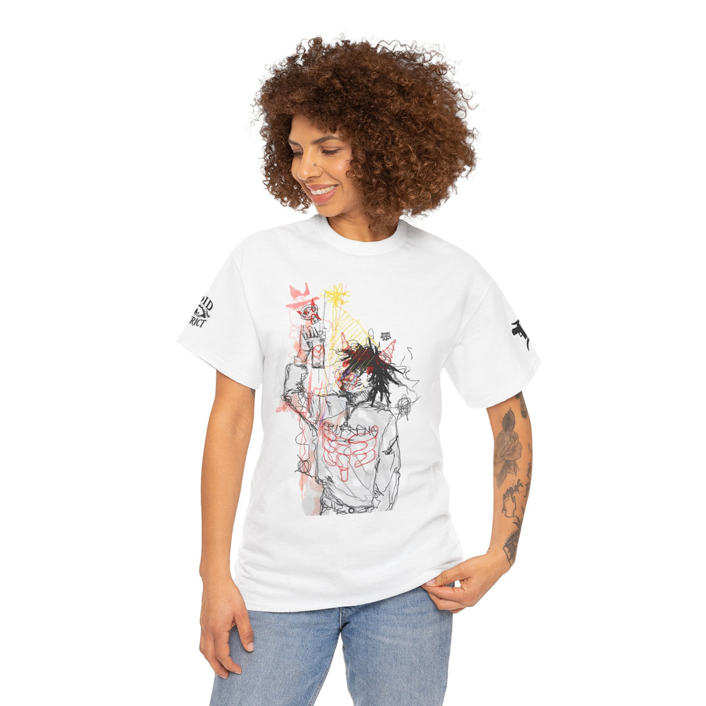 Anime Sketch Graphic Tee — Red Star Face Illustration