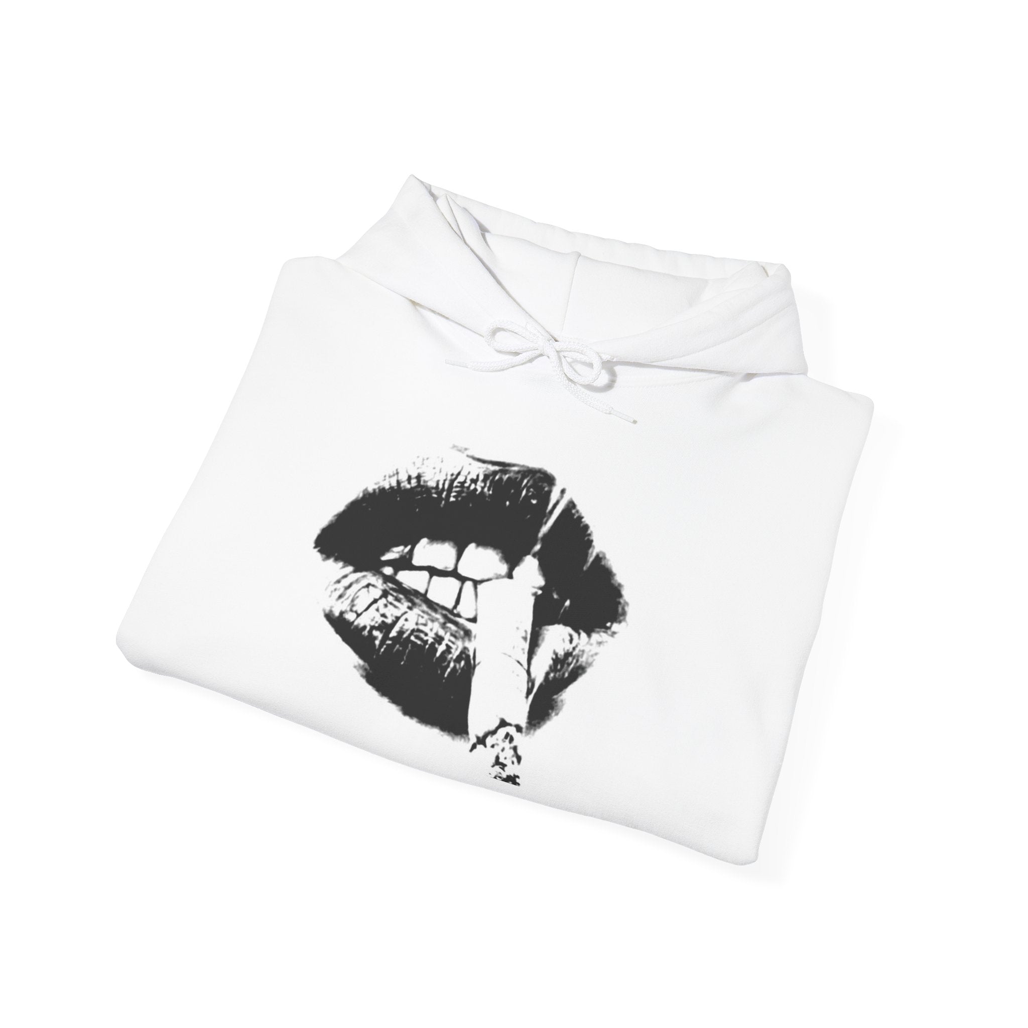 Lip Print Hoodie — Monochrome Biting Lips Graphic Hooded Sweatshirt