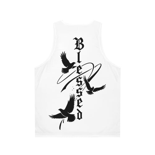 Blessed Cross Tank Top — Gothic 'Saint' Chest Logo with Dove Back Graphic
